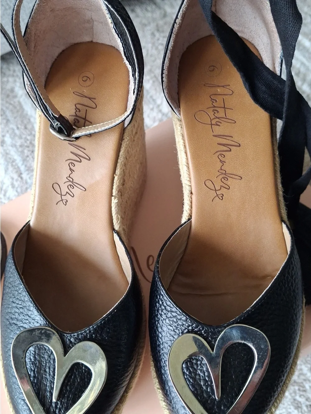 Black Heart-Accent Espadrille Wedges with Ankle Tie